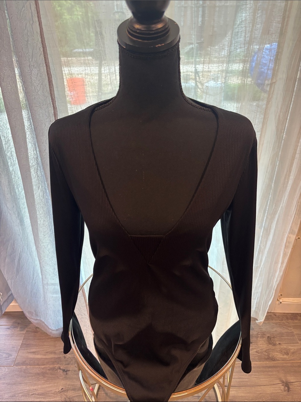 FP Movement by Free People Black Ribbed Long-Sleeve V-Neck Bodysuit